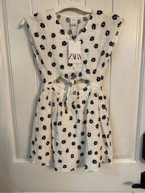 Zara White Textured Dress with Black Floral Print and Green & Pink Accents